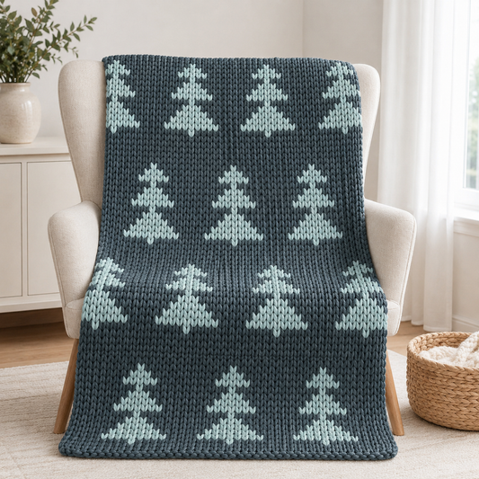 Pine Tree Chunky Knit Blanket Pattern – Nordic Forest Graph Pattern for Chunky Yarn – Finger Knitting Blanket Pattern