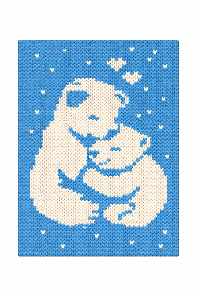 Knitted pattern of two polar bears hugging on a blue background with white hearts and stars.