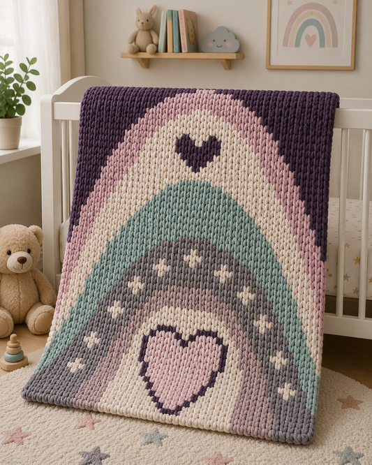 Rainbow Heart Chunky Knit Blanket Pattern – Boho Finger Knitting Graph