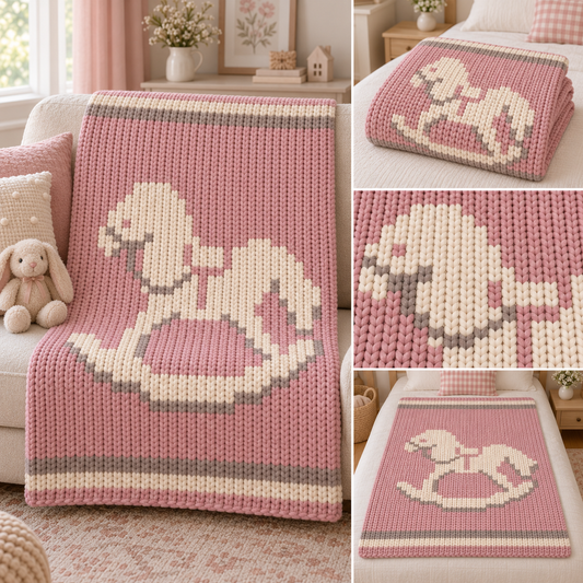 Rocking Horse Chunky Knit Blanket Pattern – Nursery Toy Graph Pattern for Chunky Yarn – Finger Knitting Blanket Pattern