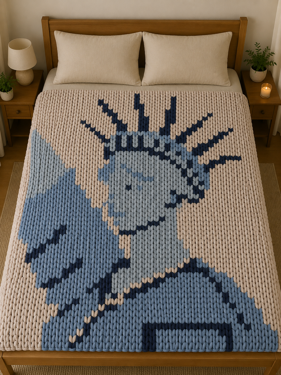 Bed with a knitted chunky blanket pattern featuring the Statue of Liberty design.