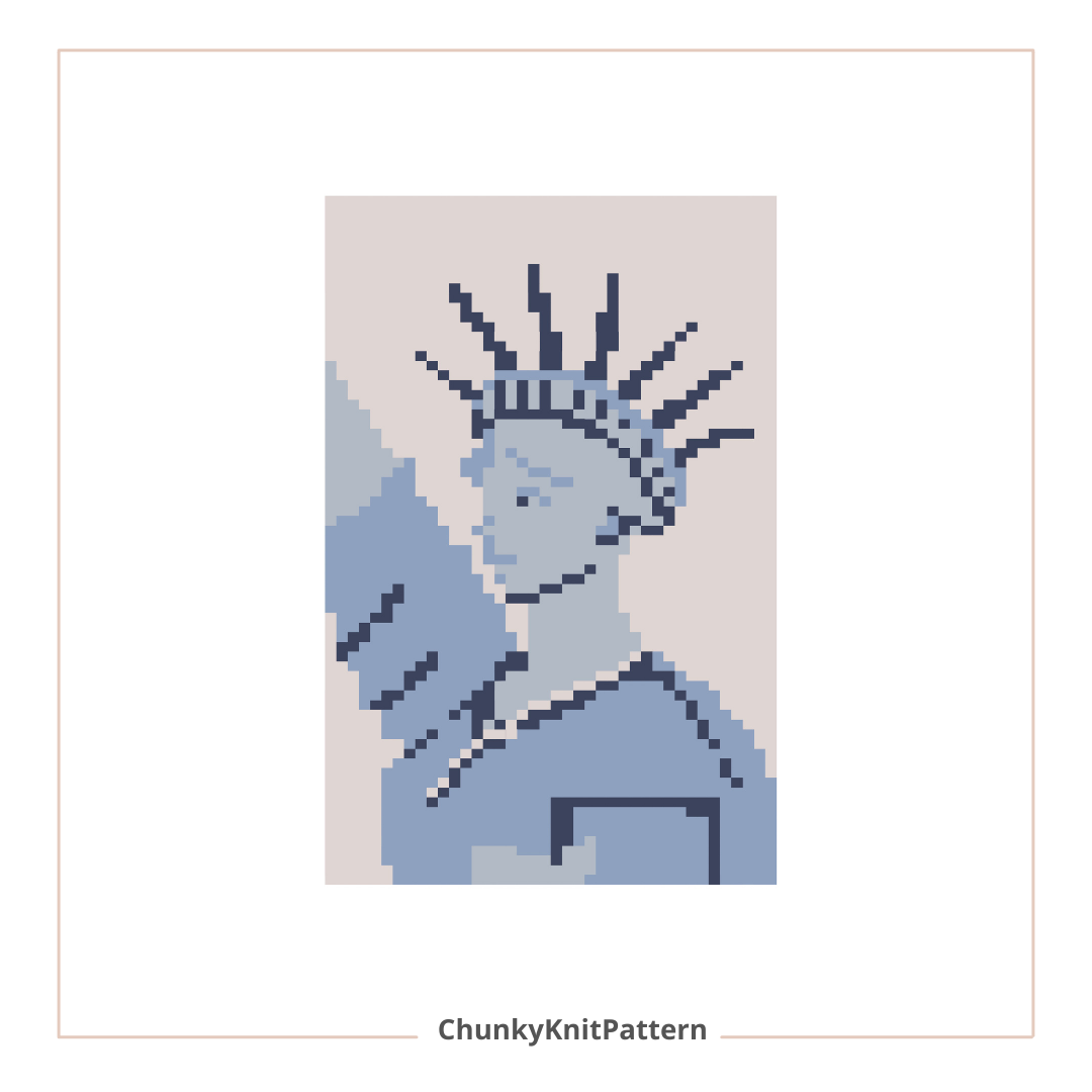 Chunky knit pattern of a statue of Liberty face on a plain background