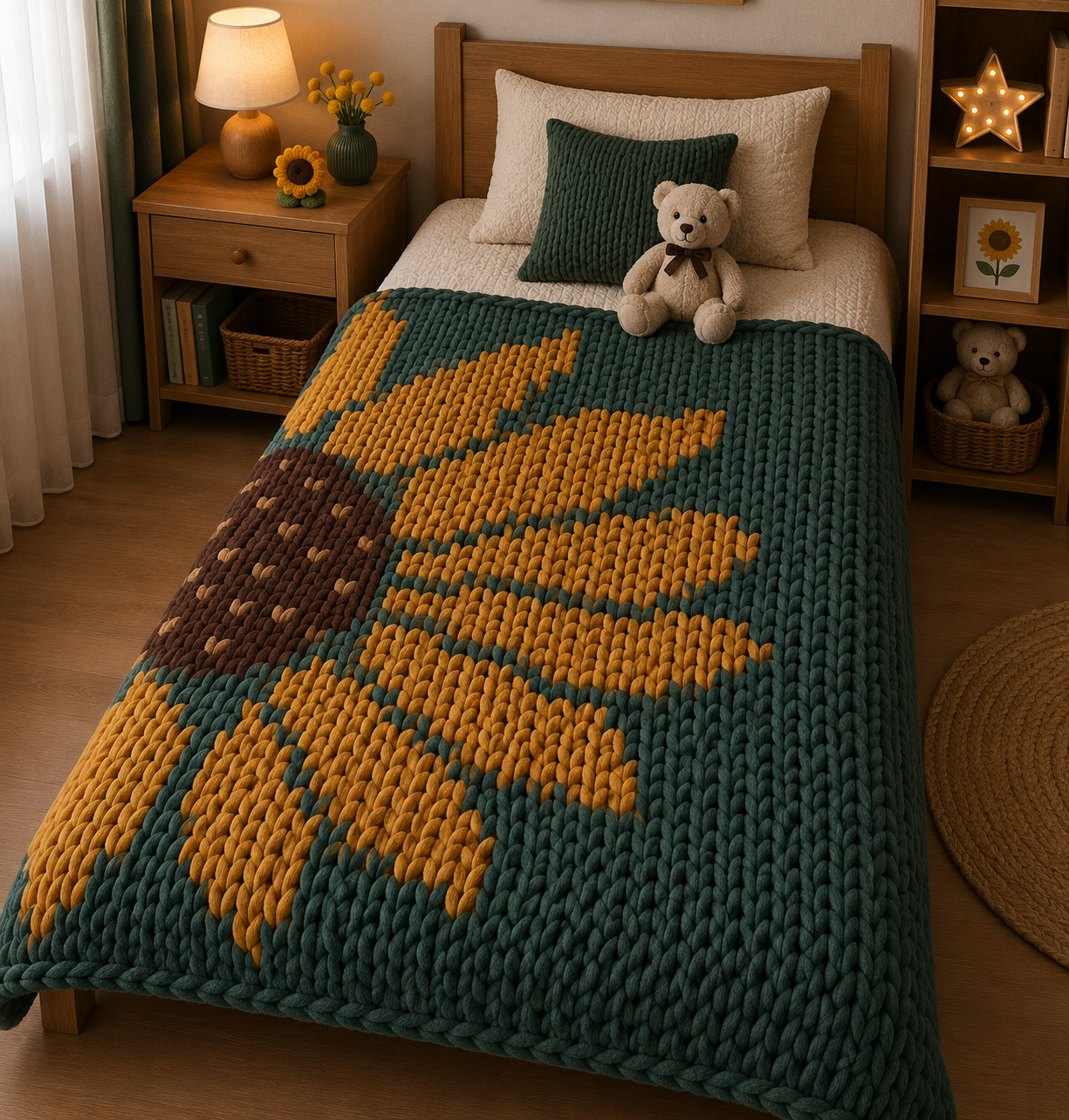 Bed with a sunflower-patterned blanket pattern in a cozy bedroom setting.