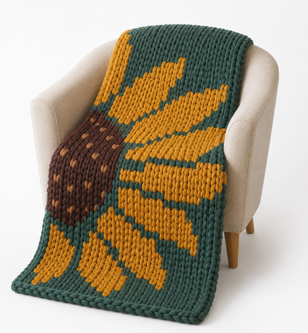 Knitted blanket with sunflower pattern draped over a chair