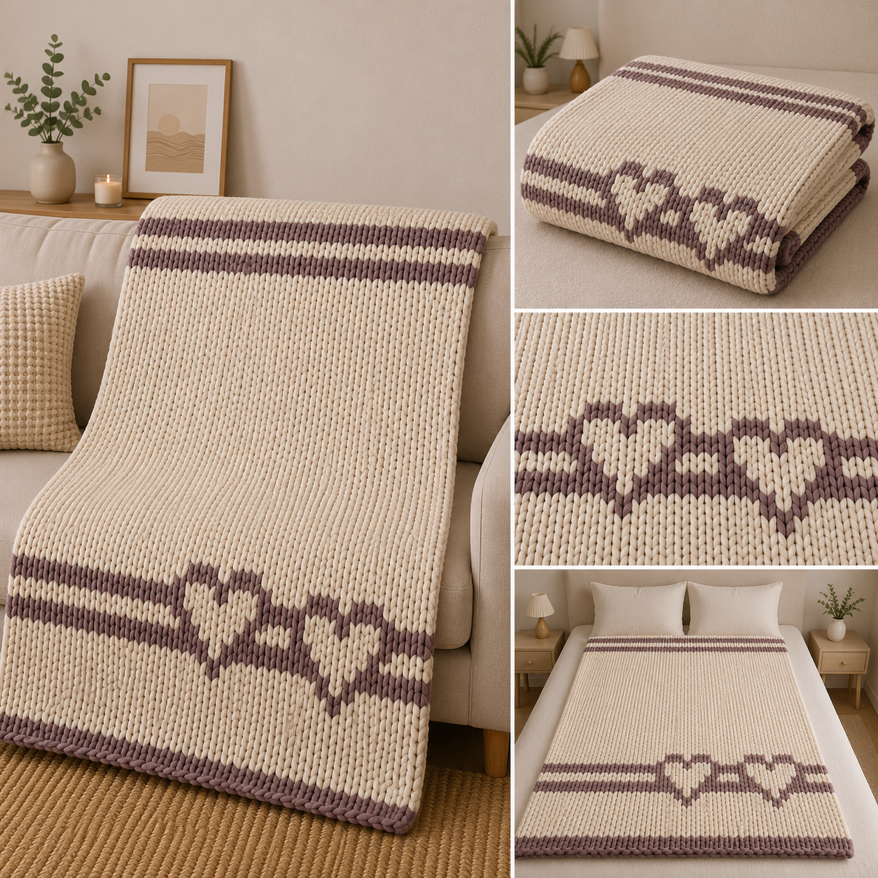Two Hearts Chunky Knit Blanket Pattern PDF. Finger Knitting Design