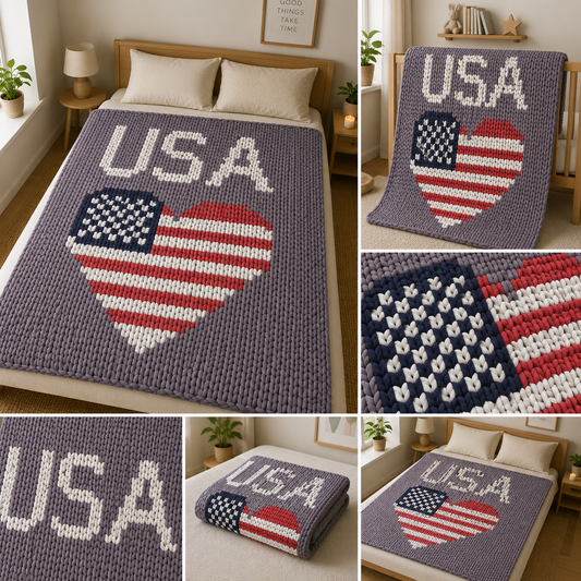 USA Patriotic Heart Chunky Knit Blanket Pattern. Finger Knitting DIY Tutorial (PDF)