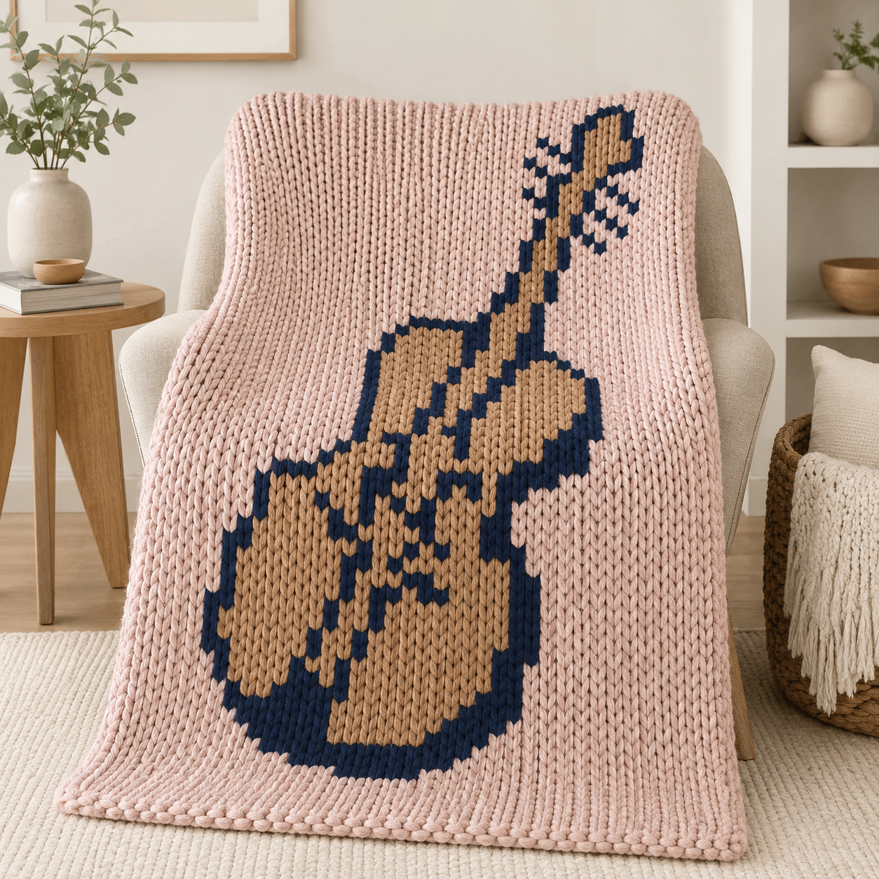 Violin Chunky Knit Blanket Pattern – Musical Instrument Graph Pattern for Chunky Yarn – Finger Knitting Blanket Pattern